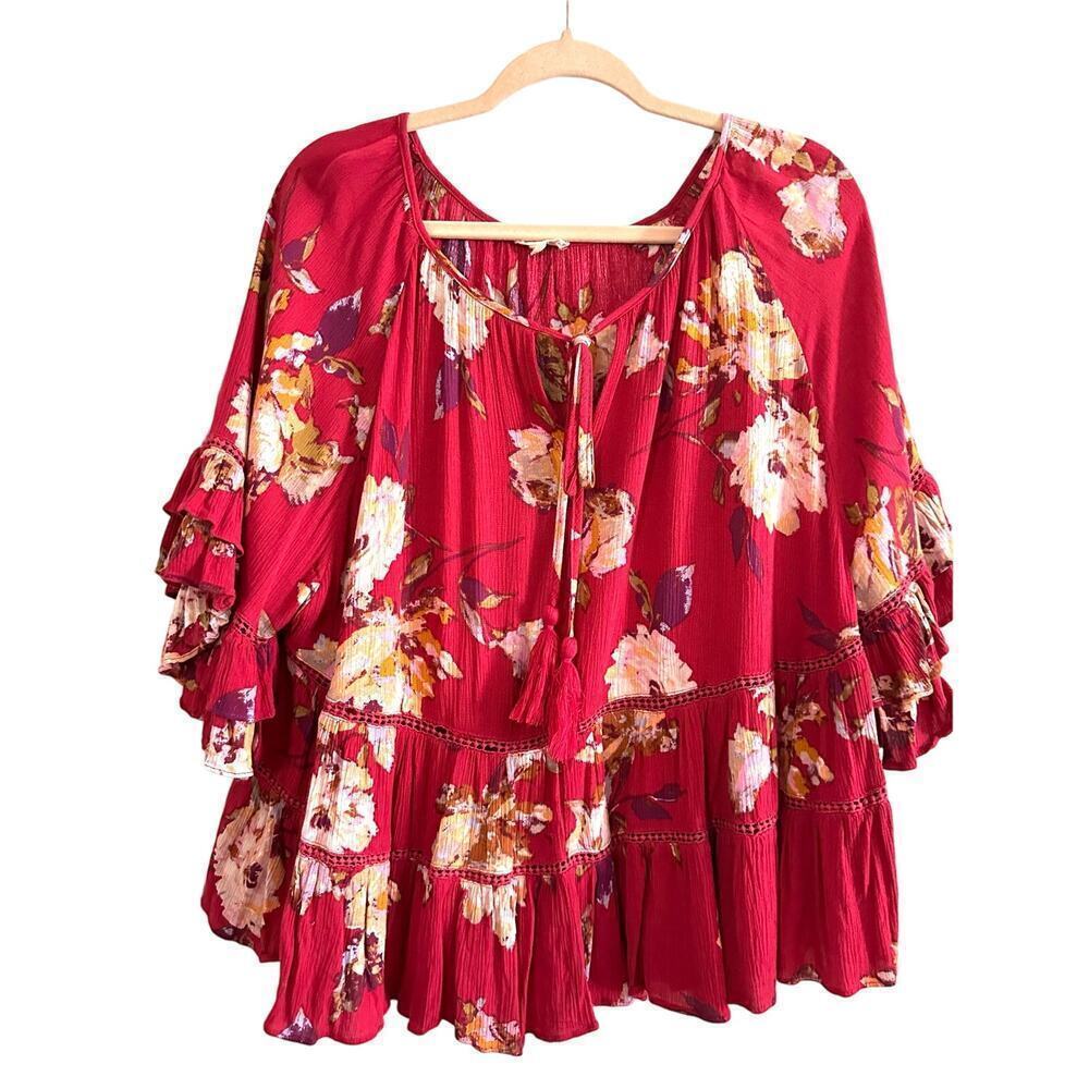 ODDY Boho Ruffle Floral Raspberry Pink Loose Top Shirt Blouse - Sz M/L